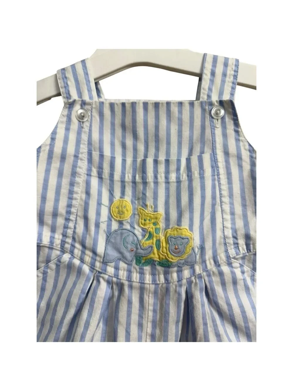 Vintage All Mine Baby Romper Blue White Stripe Overalls Embroidered Animals 6–12